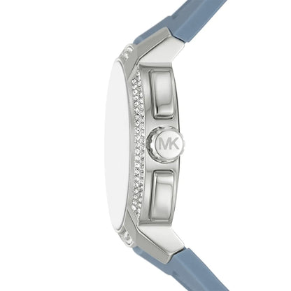 Michael Kors Sidney watch side profile showing crystal-set case and blue silicone band