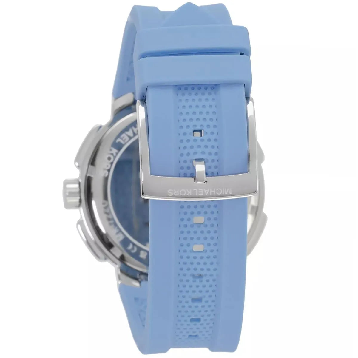 Michael Kors Sidney watch strap detail showing chambray blue silicone and silver buckle