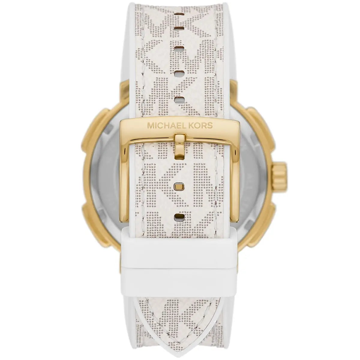 Angled back view of Michael Kors Sydney watch with white strap and gold-tone lugs
