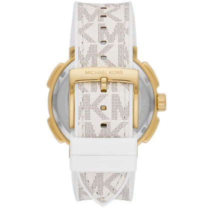 Angled back view of Michael Kors Sydney watch with white strap and gold-tone lugs