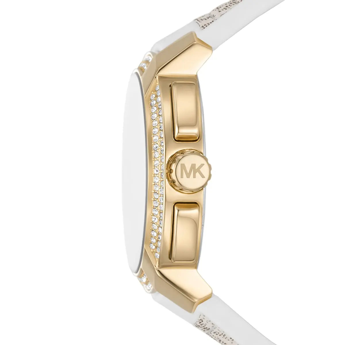 Side view of Michael Kors Sydney watch showing gold-tone case profile and white silicone strap