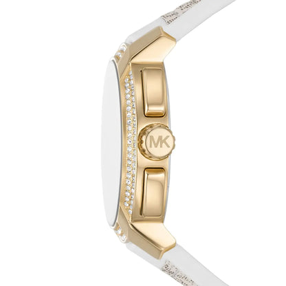 Side view of Michael Kors Sydney watch showing gold-tone case profile and white silicone strap