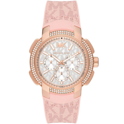 Michael Kors Sidney oversized watch with rose gold-tone case, white dial, crystal bezel, and pink strap