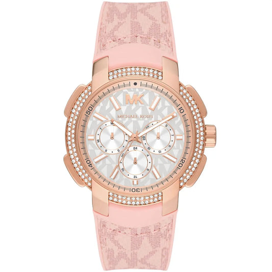 Michael Kors Sidney oversized watch with rose gold-tone case, white dial, crystal bezel, and pink strap