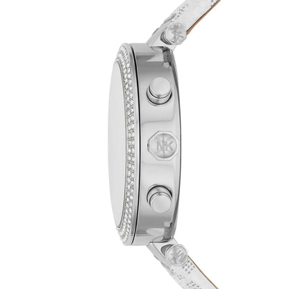 Michael Kors Parker watch angle view displaying case profile and crystal bezel detail