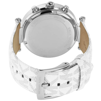 Michael Kors Parker watch back view with chronograph pushers and white textured strap