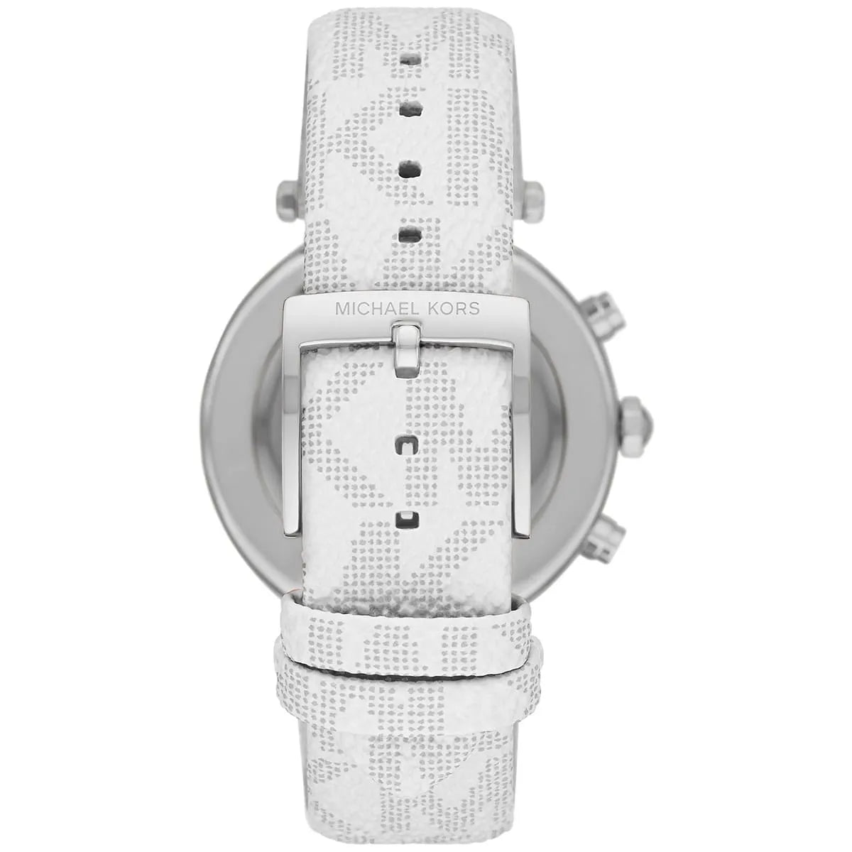 Michael Kors Parker watch case back showing stainless steel with white PVC strap