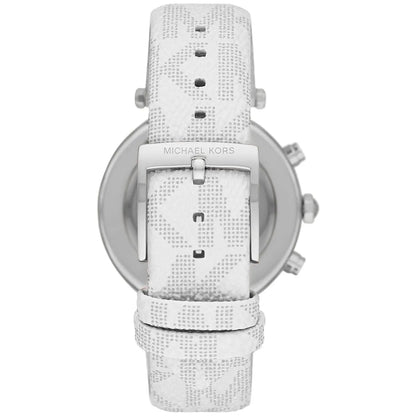 Michael Kors Parker watch case back showing stainless steel with white PVC strap