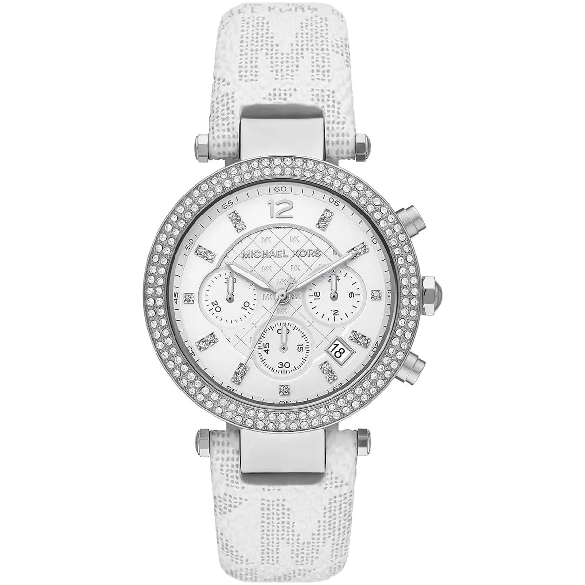 Michael Kors Parker silver chronograph watch with pavé crystal bezel and white dial