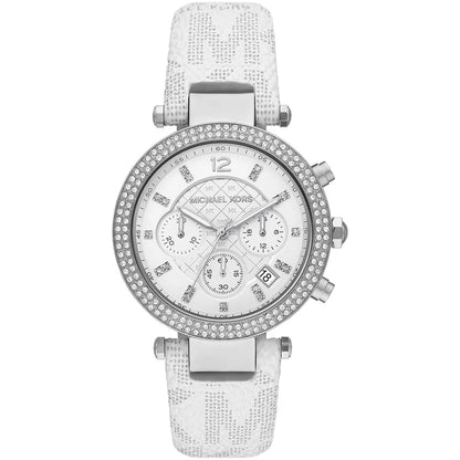 Michael Kors Parker silver chronograph watch with pavé crystal bezel and white dial