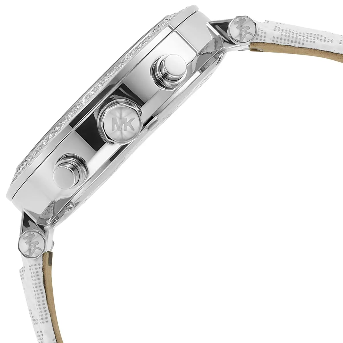 Michael Kors Parker watch side view showing chronograph pushers and white PVC strap