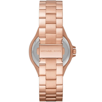 Back of Michael Kors Lennox Pavé watch displaying case back and rose gold metal bracelet