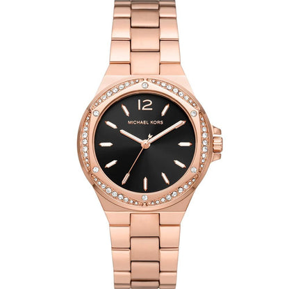 Michael Kors Lennox Pavé women's watch with black dial, rose gold case, crystal bezel, and metal strap