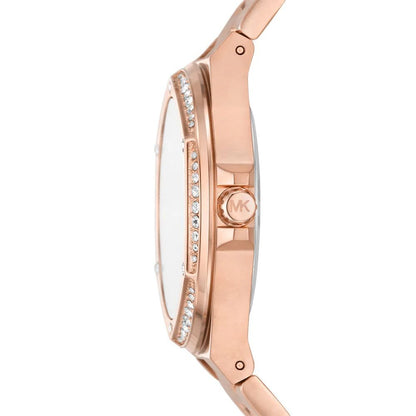 Side view of Michael Kors Lennox Pavé watch showing rose gold case profile and crystal bezel detail