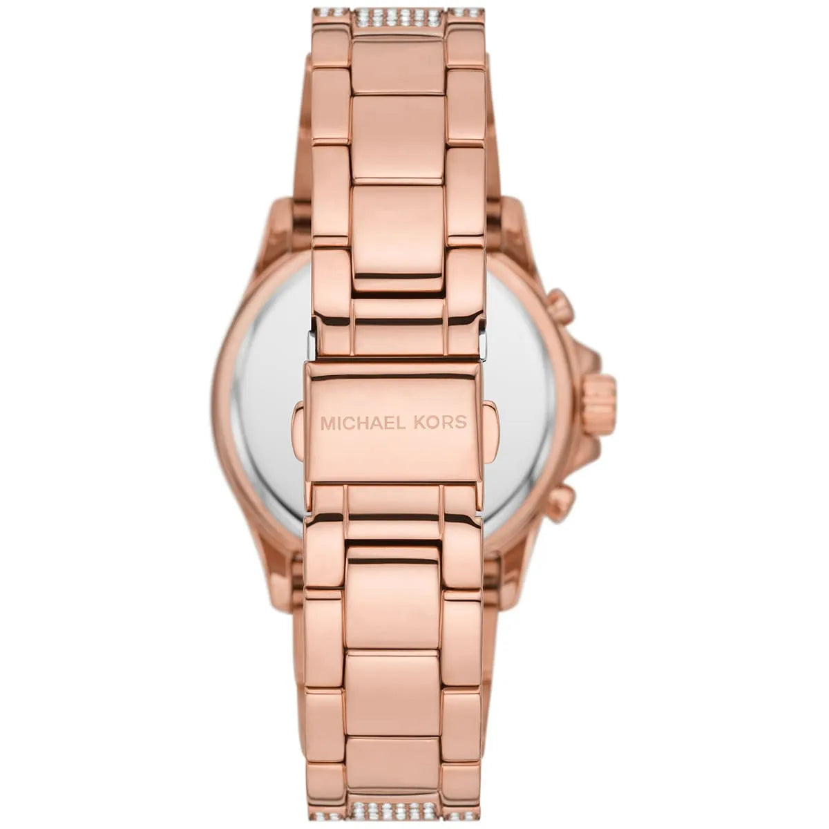 Back view of MK7235 watch showing case back and rose gold metal bracelet