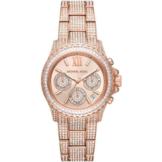 Michael Kors Everest chronograph watch with rose gold-tone case, crystal-embellished dial and metal strap