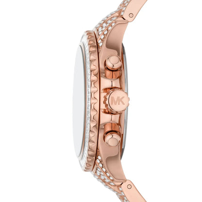 Side view of MK7235 watch showing rose gold case profile and crystal-set metal bracelet