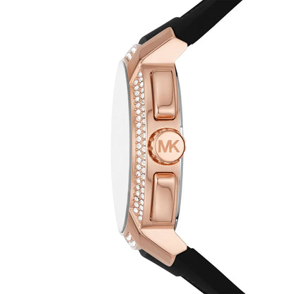 Side view of Michael Kors Sidney watch showing rose gold case and black rubber strap