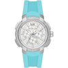 Michael Kors Sidney oversized watch with silver-tone pavé case, white chronograph dial, turquoise silicone strap