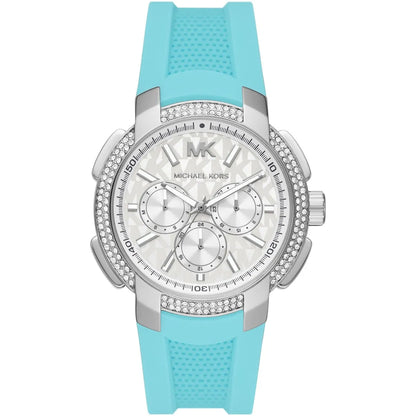 Michael Kors Sidney oversized watch with silver-tone pavé case, white chronograph dial, turquoise silicone strap