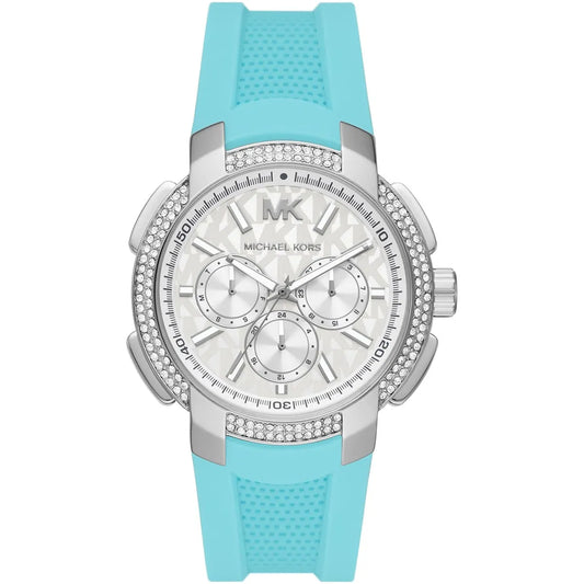Michael Kors Sidney oversized watch with silver-tone pavé case, white chronograph dial, turquoise silicone strap