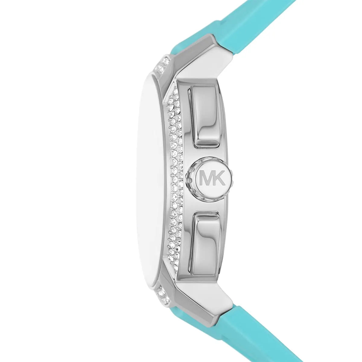 Michael Kors Sidney watch side profile showing silver-tone case with crystal pavé and turquoise strap