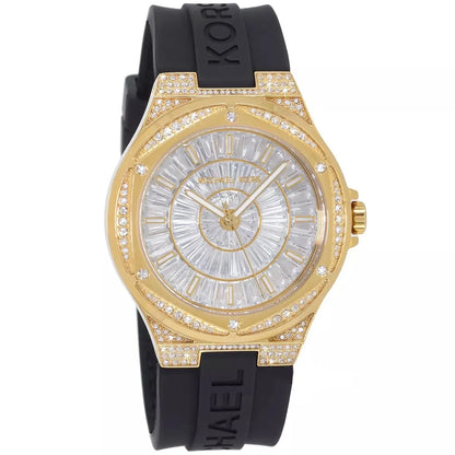 Michael Kors Lennox watch at angle showing gold case with crystal embellishments and white dial