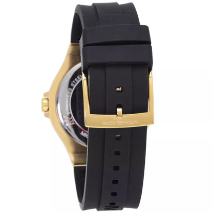Michael Kors Lennox watch caseback view showing gold-tone case and black silicone strap