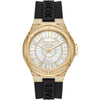 Michael Kors Lennox women's watch with gold-tone case, baguette crystal-set dial, and black silicone strap