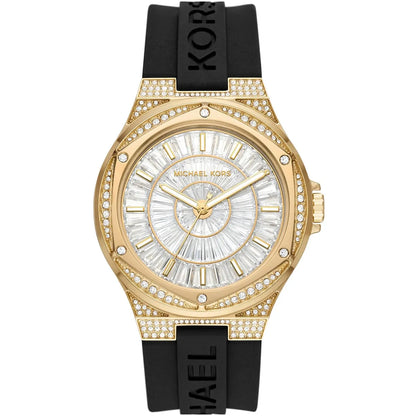 Michael Kors Lennox women's watch with gold-tone case, baguette crystal-set dial, and black silicone strap