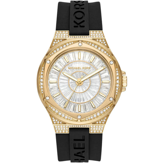 Michael Kors Lennox women's watch with gold-tone case, baguette crystal-set dial, and black silicone strap