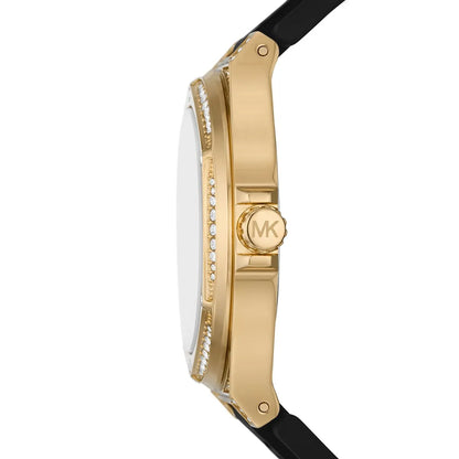 Michael Kors Lennox watch side view showing gold-tone case profile with crystal detailing