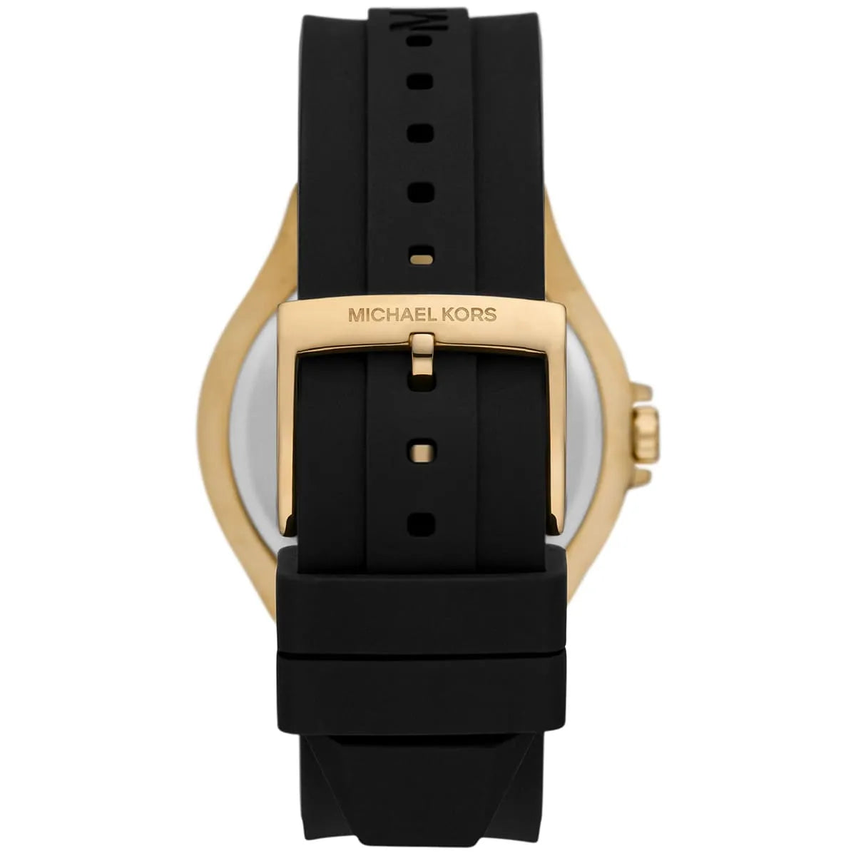 Michael Kors Lennox watch strap detail showing black silicone band with gold-tone buckle