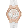 Michael Kors Lennox Pavé oversized watch with rose gold-tone case, crystal-set bezel, white dial, and white silicone strap