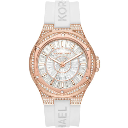 Michael Kors Lennox Pavé oversized watch with rose gold-tone case, crystal-set bezel, white dial, and white silicone strap
