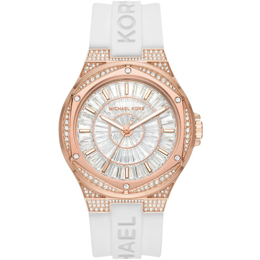 Michael Kors Lennox Pavé oversized watch with rose gold-tone case, crystal-set bezel, white dial, and white silicone strap