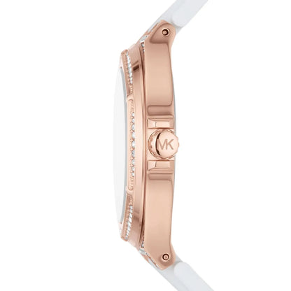 Michael Kors Lennox watch side view showing rose gold-tone case profile and white silicone strap