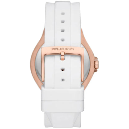 Michael Kors Lennox watch white silicone strap with rose gold-tone case and clasp detail