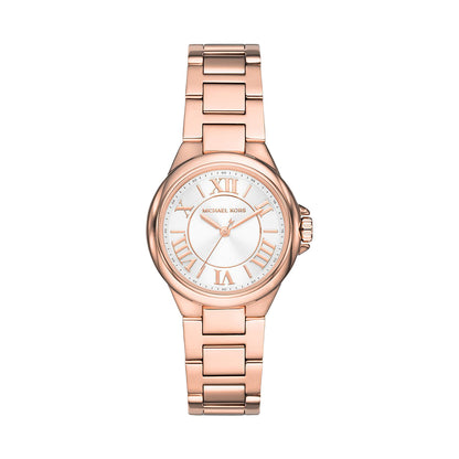 Michael Kors Mini Camille rose gold-tone women's watch with white dial and Roman numerals