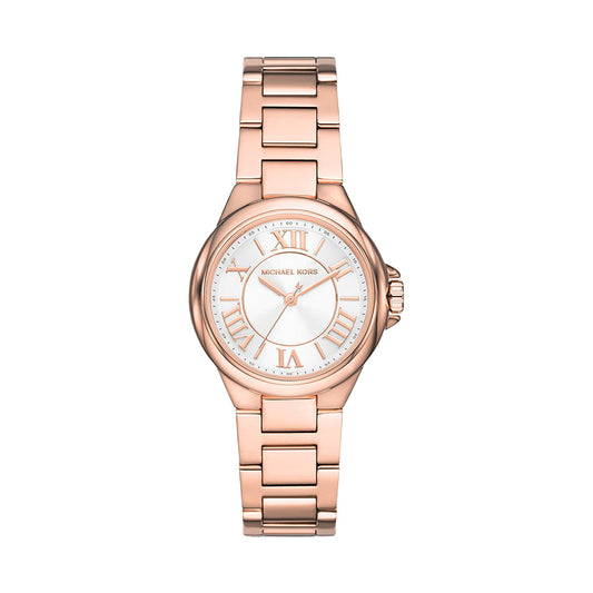 Michael Kors Mini Camille rose gold-tone women's watch with white dial and Roman numerals
