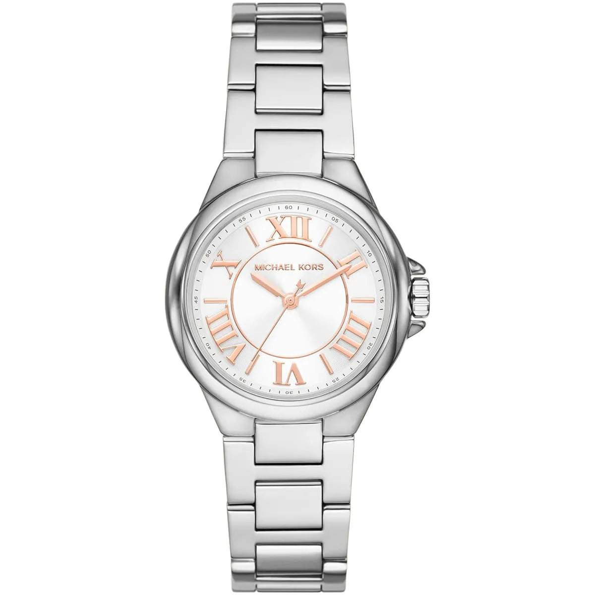Michael Kors Mini Camille silver-tone women's watch with white dial and rose-gold Roman numeral hour markers