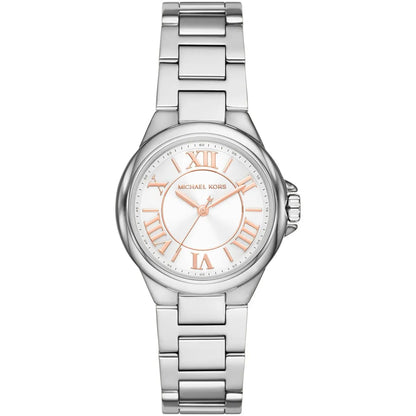 Michael Kors Mini Camille silver-tone women's watch with white dial and rose-gold Roman numeral hour markers