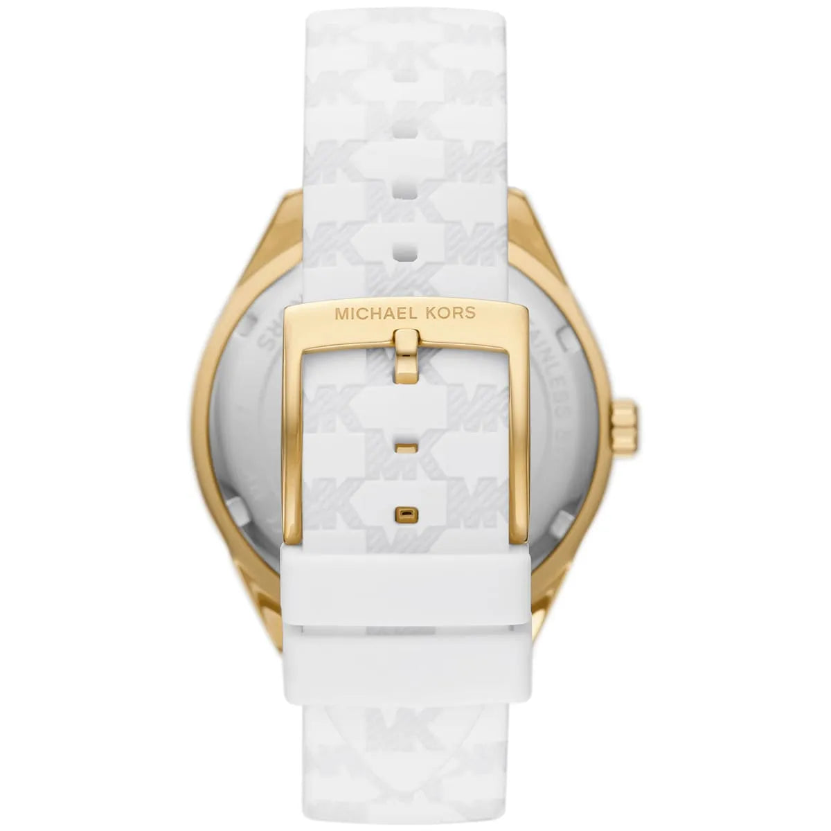 Michael Kors Jessa watch caseback showing white silicone strap with MK logo buckle