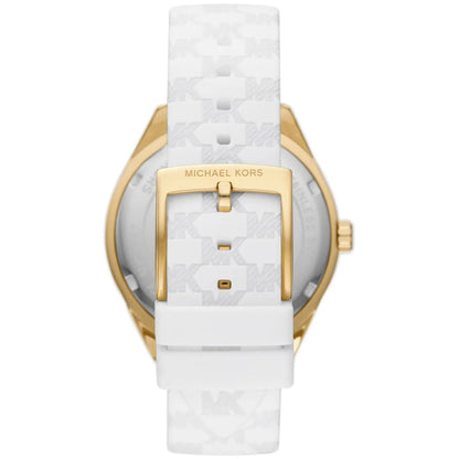 Michael Kors Jessa watch caseback showing white silicone strap with MK logo buckle