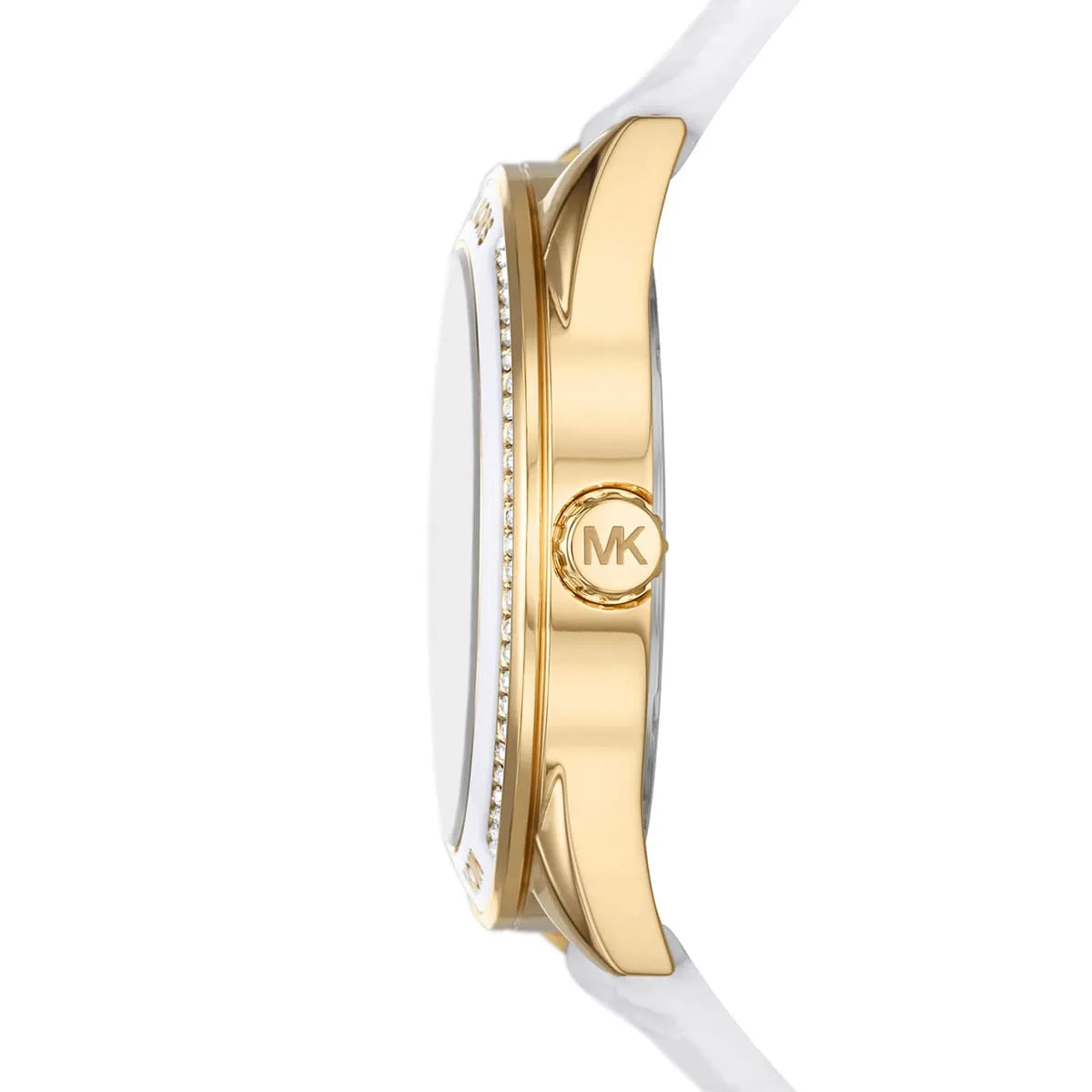 Michael Kors Jessa watch side profile showing gold-tone case and white silicone strap