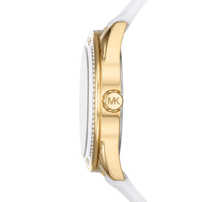 Michael Kors Jessa watch side profile showing gold-tone case and white silicone strap
