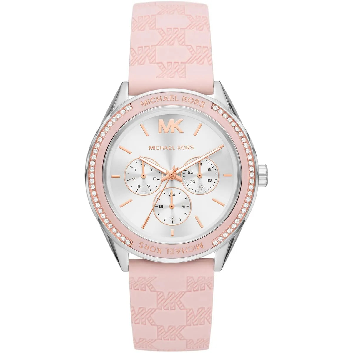 Michael Kors Jessa oversized multifunction watch with silver dial and pink silicone strap