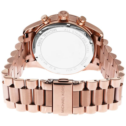 Rear caseback detail of Michael Kors Lexington Lux with engraved branding and stainless steel back