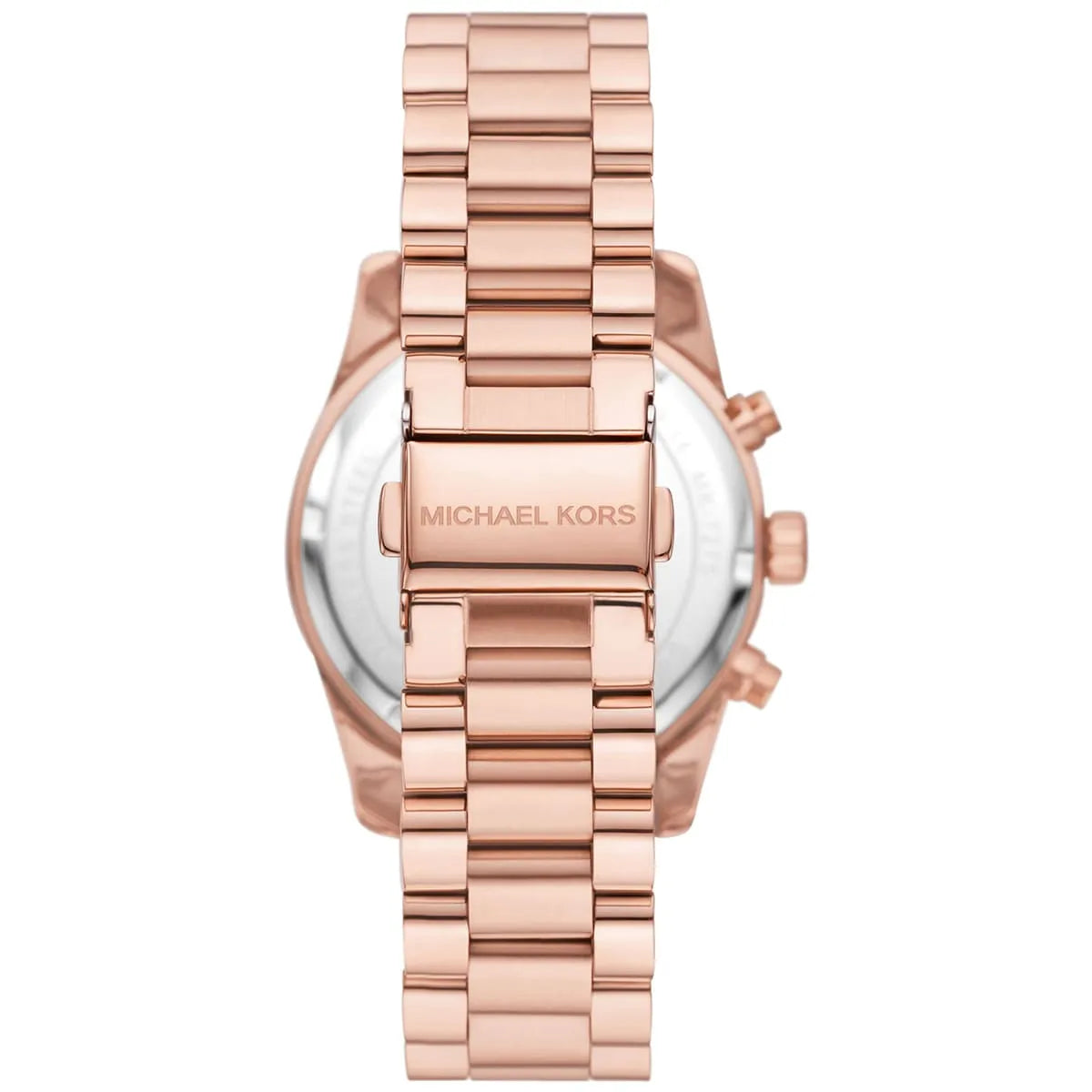 Back view of Michael Kors Lexington Lux watch showing caseback and rose gold link bracelet