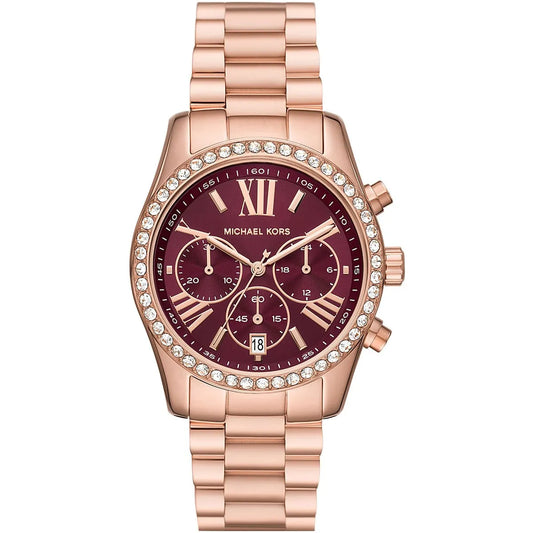 Michael Kors Lexington Lux rose gold chronograph watch with burgundy dial and crystal-set bezel